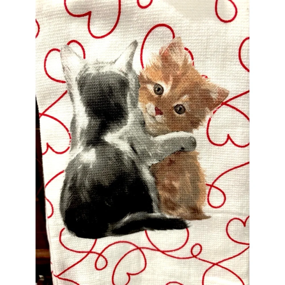 CATS KITTIES HEARTS KITCHEN DISH TOWELS SET OF 3 NOVELTY SUPER DRYING KITSCH